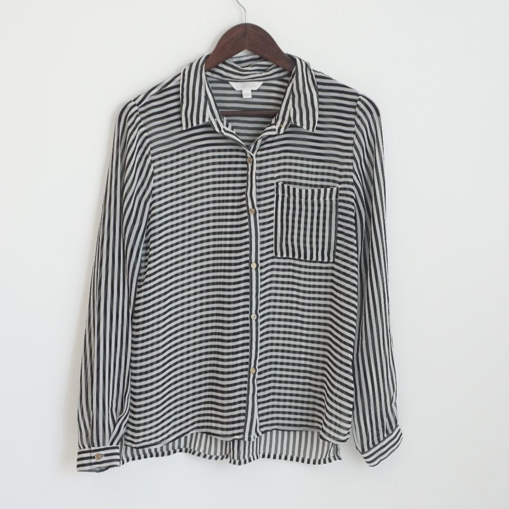 Chiffon Black White Stripe Button Up Blouse